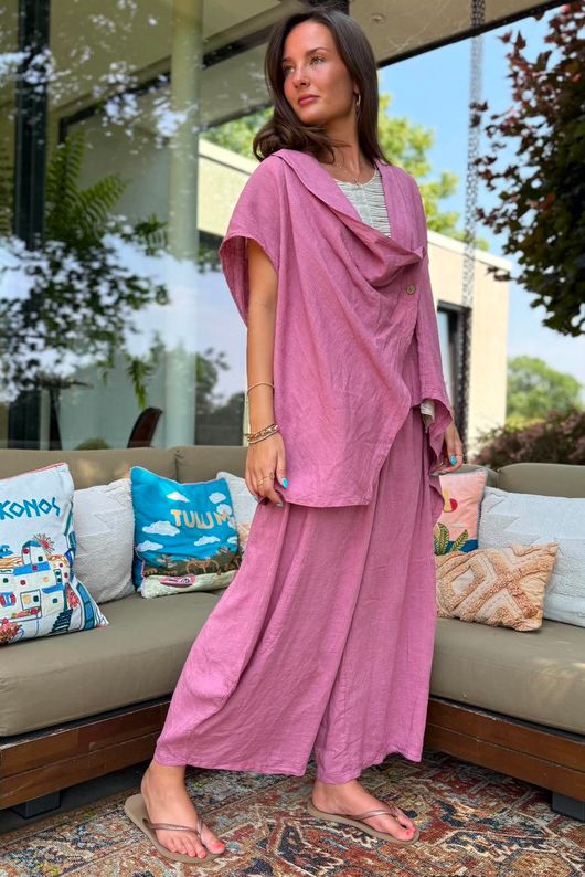 Sandbar Linen Blend Drape Front Cap Sleeve Gilet Indian Pink